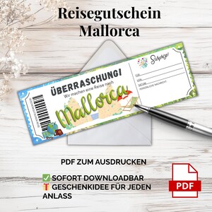 Bono de viaje a Mallorca – Plantilla PDF para imprimir | Idea de regalo para vacaciones en islas de España: sorpresa para parejas, amigos y vacaciones de verano