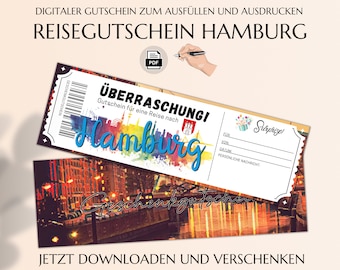 Reisegutschein Hamburg  | Gutschein Vorlage zum Ausdrucken | Städtetrip Hamburg Geschenk | Gutschein Download PDF | JSK330