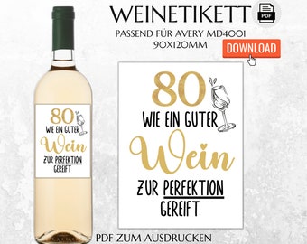 80th birthday bottle label to print | Wine label birthday gift | Instant download | Last minute gift | FLE008