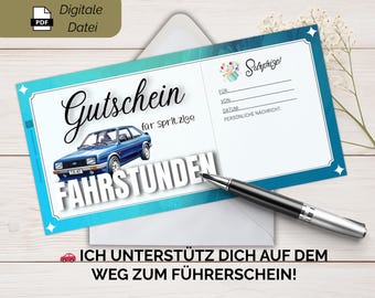 Gutschein für Fahrstunden zum Ausdrucken PDF Vorlage als Geschenk zur Führerscheinprüfung | Fahrschule | Autofahren lernen | Sofort Download