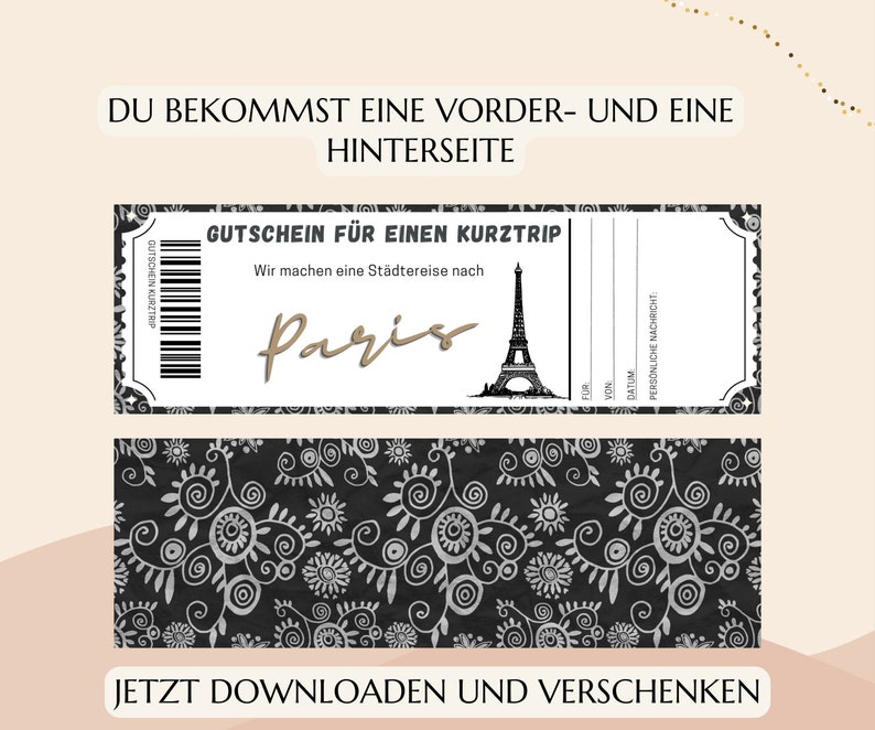 Gutschein Kurztrip Paris Vorlage zum Ausdrucken PDF Download Geburtstag Geschenk Personalisiert Städtereise Städtetrip JSK018 zdjęcie 4