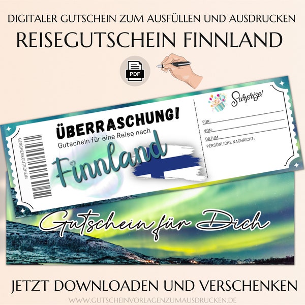 Reisegutschein Finnland | Skandinavien Gutschein Vorlage Weltreise Rundreise | Gutscheinvorlage zum Ausdrucken | PDF Download | JSK306