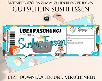 Sushi Gutschein Vorlage  zum Ausdrucken | Gutscheinvorlage Essen gehen | Asiatisches Restaurant  | Essensgutschein | JSK171