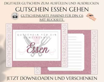 Gutschein Essen gehen | Gutscheinvorlage zum Ausdrucken | Restaurant Gutscheinkarte | PDF Download | Essensgutschein | JSK251