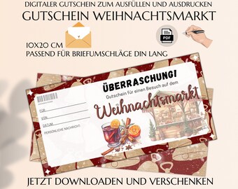 Gutschein für Weihnachtsmarktbesuch Vorlage zum Ausdrucken PDF | Glühwein trinken Einladung | Gutscheinvorlage | Gutschein Glühwein | JSK344