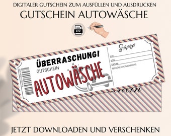 Gutschein Autowäsche | Auto waschen Geschenkgutschein Vorlage zum Ausdrucken | Autozubehör | Geldgeschenk JSK192