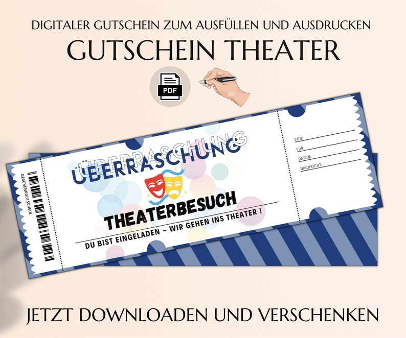 Gutschein Theater Vorlage zum Ausdrucken Theaterkarte Geschenk Personalisiert JSK063 image 1