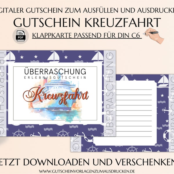 Kreuzfahrt Gutschein Vorlage zum Ausdrucken | Gutschein Karte | Geldgeschenk Kreuzfahrtschiff | Geschenkgutschein Schiffsreise | JSK232