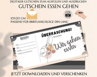 Essen gehen Gutschein Vorlage zum Ausdrucken PDF | Restaurant Einladung | Gutscheinvorlage | Essensgutschein PDF download | JSK342