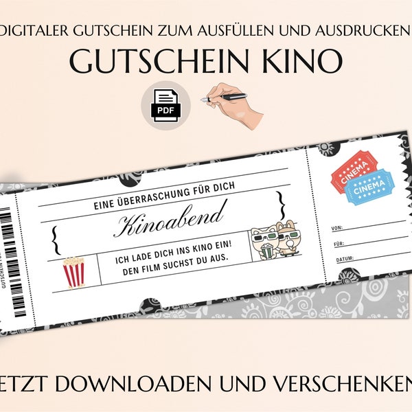 Kino Gutschein Vorlage PDF | Kinogutschein zum ausdrucken| Kinoabend Geschenk | Zeit zu zweit | JSK050