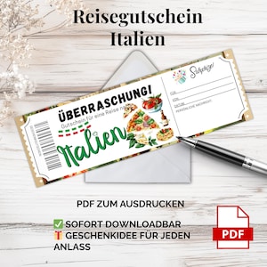 Voucher de viagem Itália PDF – modelo para impressão | Ideia de presente para férias à beira-mar, na Toscana, Roma | Dê uma viagem curta e estilosa de presente