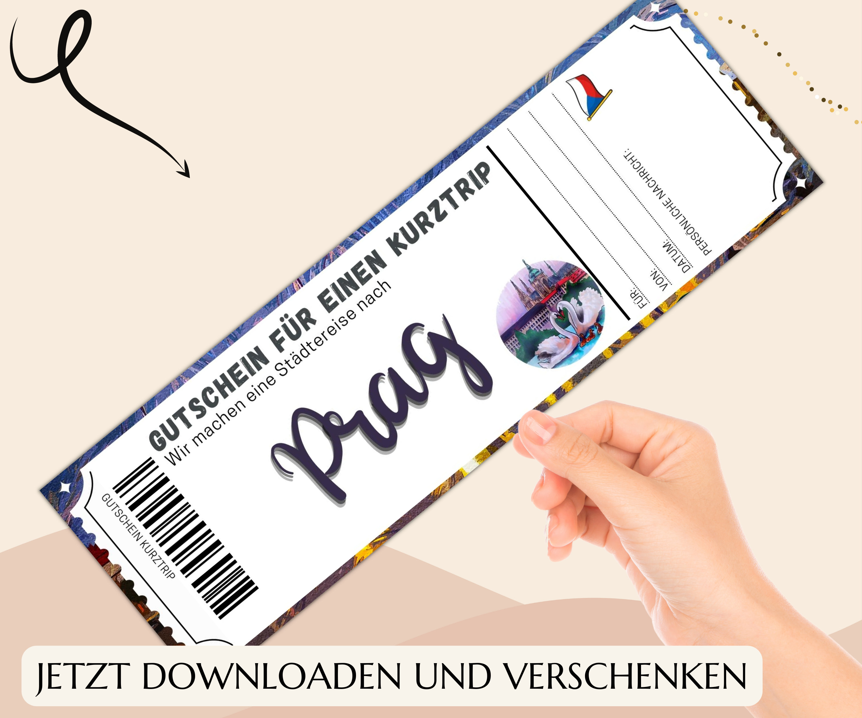 Reisegutschein Prag Vorlage zum Ausdrucken PDF Download Geburtstag