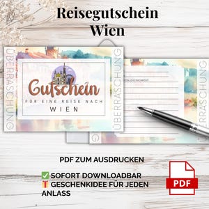 Reisvoucher Wenen – PDF-sjabloon om af te drukken | Stedentrip cadeau | Voucher om zelf af te drukken | Vakantie cadeau-idee Oostenrijk
