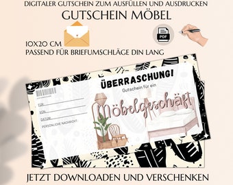 Möbel Gutschein Vorlage zum Ausdrucken PDF | spontanes Geschenk zum Einzug | Möbel Gutschein basteln | JSK339