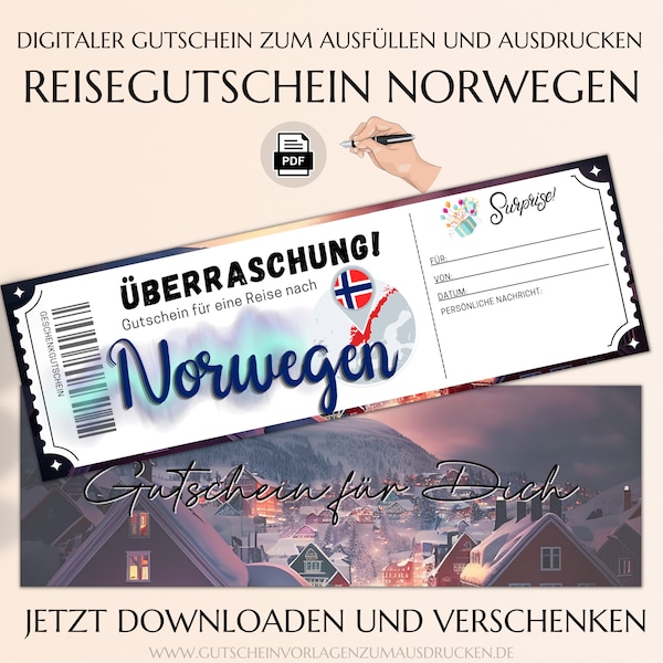 Reisegutschein Norwegen  | Gutscheinvorlage zum Ausdrucken | PDF Download | Gutschein Wochenendtrip Skandinavien Reise Rundreise JSK302