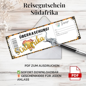南アフリカ旅行券 – 印刷用 PDF テンプレート |サファリと往復旅行のデジタルバウチャー、直前のギフトアイデア