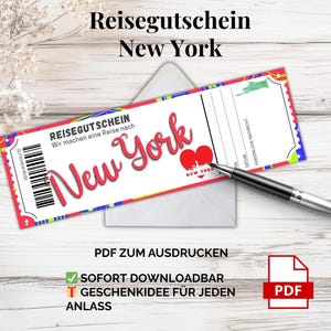ニューヨーク旅行券 – 印刷用 PDF テンプレート |アメリカの都市旅行ギフトアイデア - カップルや友人への直前サプライズ