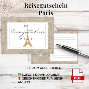 パリ旅行券 – 印刷用 PDF テンプレート |フランス都市旅行ギフトのアイデア - カップル、友人、ロマンスファンへのサプライズ