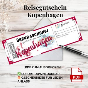 コペンハーゲン旅行券 – 印刷用 PDF テンプレート |カップルや友人へのスカンジナビア都市旅行のギフトアイデア デンマーク