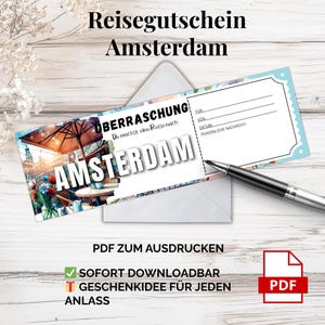 アムステルダム旅行券 – 印刷用 PDF テンプレート |オランダ市内旅行のデジタルバウチャー、直前のギフトアイデア