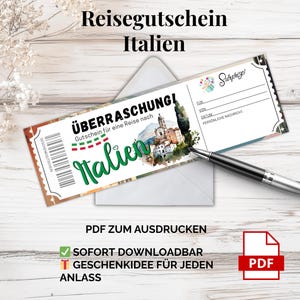 イタリア旅行券 – 印刷用 PDF テンプレート |イタリアの休暇のためのデジタルバウチャー、直前のギフトアイデア
