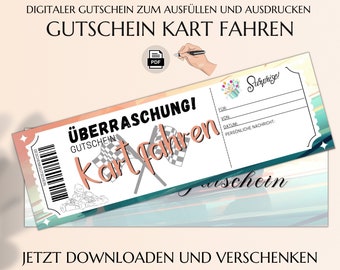 Kart fahren | Gutschein Kartbahn zum Ausdrucken | GoKart Gutscheinvorlage | Geschenkgutschein für einen Ausflug | JSK176