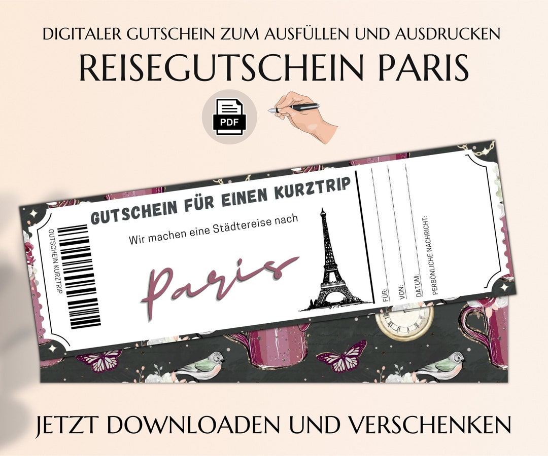 Reisegutschein Paris Vorlage zum Ausdrucken PDF Download Geburtstag