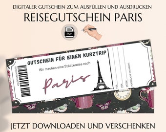 Reisegutschein Paris | Vorlage zum Ausdrucken | PDF Download | Geburtstag Geschenk | Personalisiert | Städtereise Städtetrip JSK019