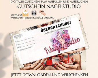 Gutschein Nagelstudio Vorlage zum Ausdrucken PDF | Maniküre Gutschein last minute Geschenk | Gutscheinvorlage | JSK400