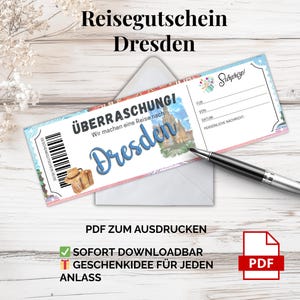 ドレスデン旅行券 – 印刷用 PDF テンプレート |ドイツ市内旅行のデジタルバウチャー、直前のギフトアイデア