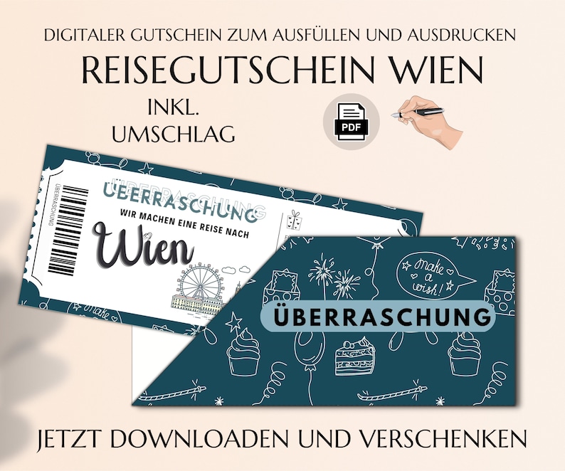 Gutschein Städtereise Wien Vorlage zum Ausdrucken inkl. Umschlag PDF Download Geburtstag Geschenk Kurztrip Städtetrip JSK075 zdjęcie 1