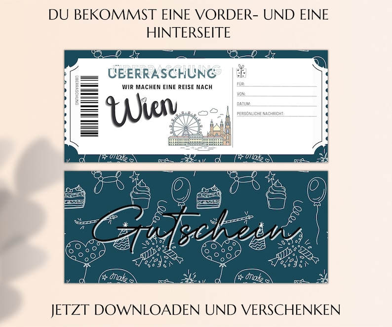 Gutschein Städtereise Wien Vorlage zum Ausdrucken inkl. Umschlag PDF Download Geburtstag Geschenk Kurztrip Städtetrip JSK075 zdjęcie 5