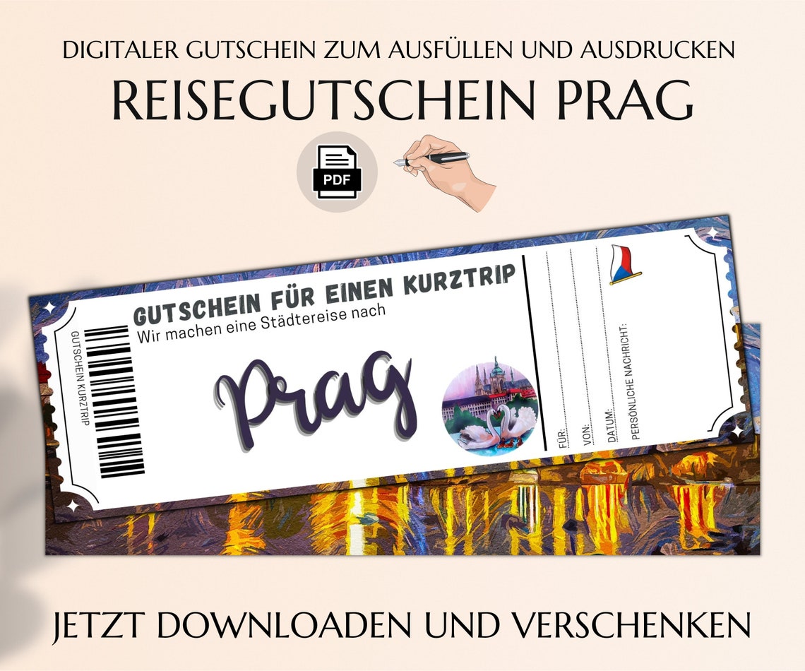 Reisegutschein Prag Vorlage zum Ausdrucken PDF Download Geburtstag