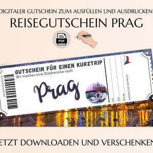 Reisegutschein Prag | Vorlage zum Ausdrucken | PDF Download | Geburtstag Geschenk | Personalisiert | Städtereise Städtetrip Kurztrip |JSK028
