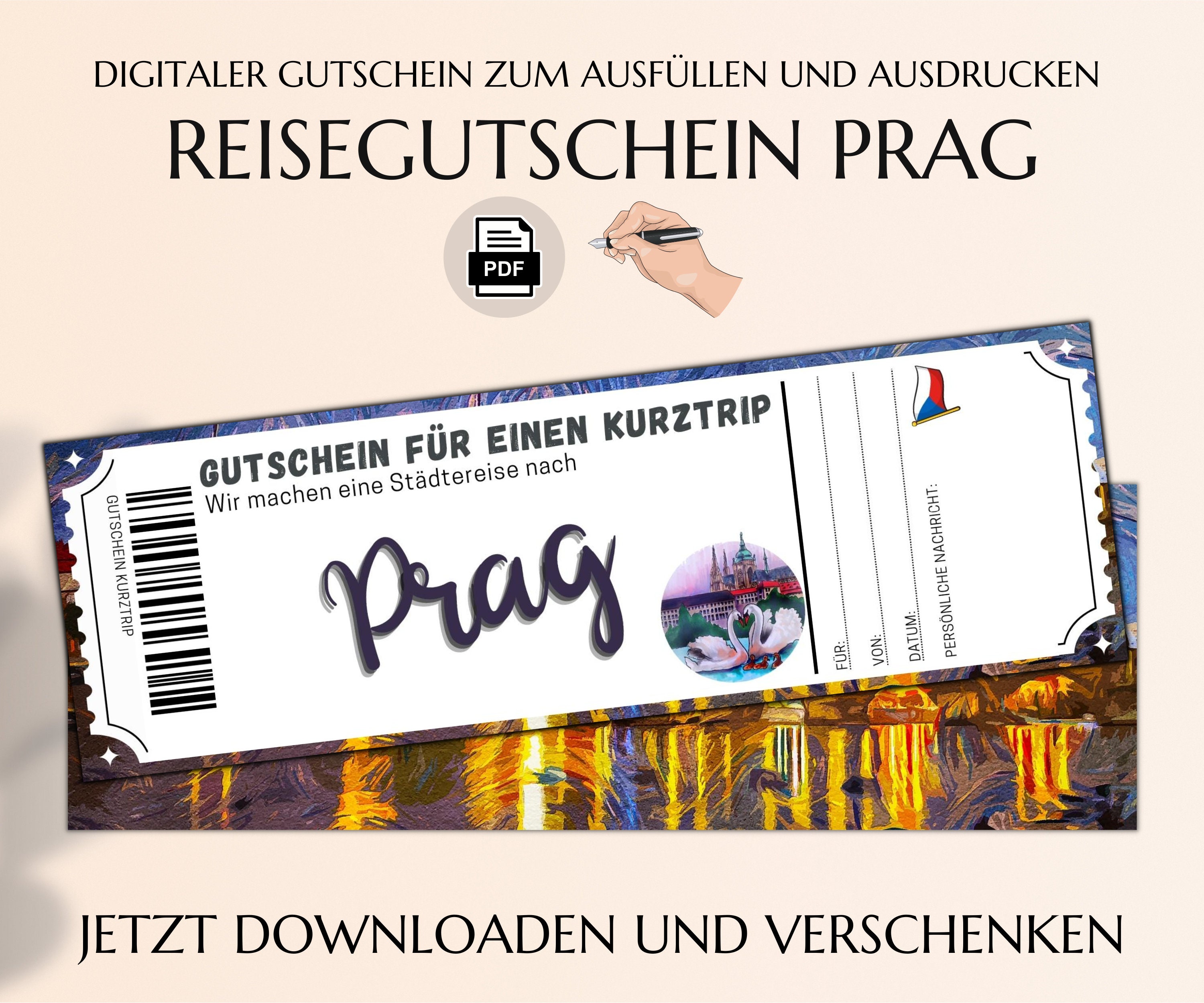 Reisegutschein Prag Vorlage zum Ausdrucken PDF Download Geburtstag