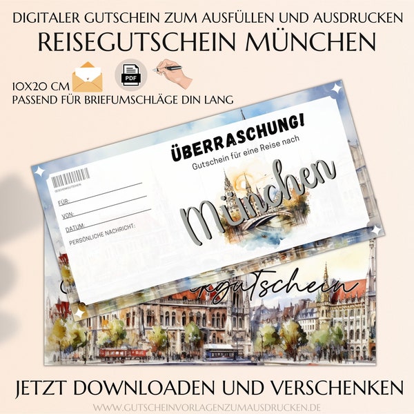 Reisegutschein München Vorlage zum Ausdrucken | Gutschein München Reise verschenken Ideen | PDF download | JSK391