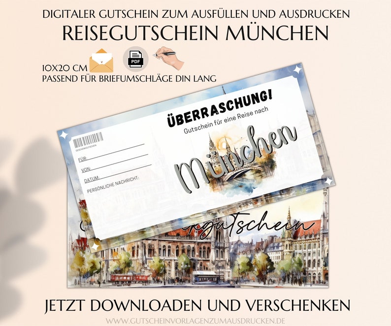 Reisegutschein München Vorlage zum Ausdrucken Gutschein München Reise verschenken Ideen PDF download JSK391 image 1