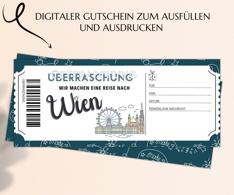 Gutschein Städtereise Wien Vorlage zum Ausdrucken inkl. Umschlag PDF Download Geburtstag Geschenk Kurztrip Städtetrip JSK075 zdjęcie 6