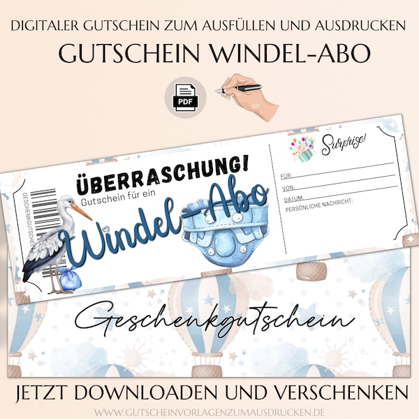 Windel Abo Gutschein Vorlage zum Ausdrucken | Gutscheinvorlage Baby Junge Geschenk | Gutscheine für frisch gebackene Eltern | JSK322