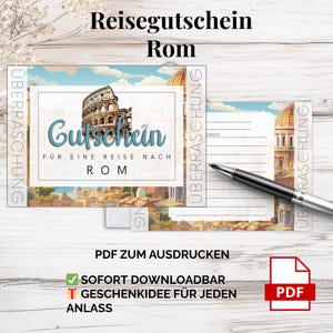 Reisvoucher Rome – PDF-sjabloon om af te drukken | Cadeau-idee voor een stedentrip naar Italië – een verrassing voor koppels, vrienden en liefhebbers van romantiek