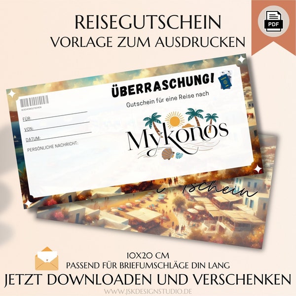 Travel voucher Mykonos to print | Voucher template | Birthday gift | PDF download | Holiday gift voucher | JSK489
