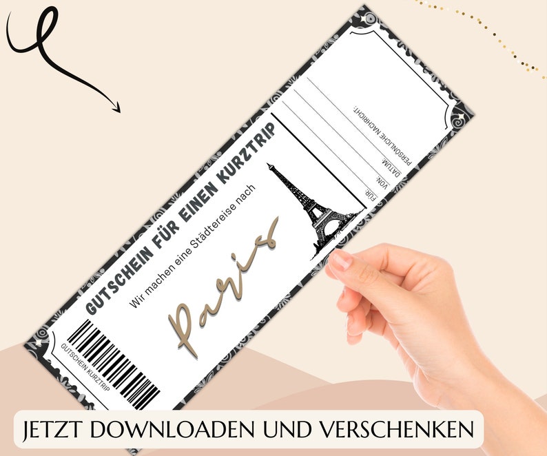 Gutschein Kurztrip Paris Vorlage zum Ausdrucken PDF Download Geburtstag Geschenk Personalisiert Städtereise Städtetrip JSK018 image 5