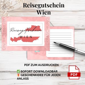 ウィーン旅行券 – 印刷用 PDF テンプレート |オーストリアの都市旅行ギフトのアイデア - カップル、友人、文化愛好家へのサプライズ