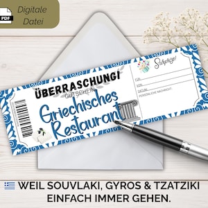 Szablon kuponu na grecką restaurację w formacie PDF | Pomysł na prezent na kolację | Cyfrowy kupon na restaurację do wydrukowania i rozdania