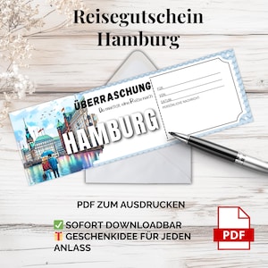 ハンブルク旅行券 – 印刷用 PDF テンプレート |ドイツ市内旅行のデジタルバウチャー、直前のギフトアイデア