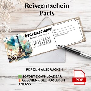 Gutschein Paris Reise – PDF Vorlage zum Ausdrucken | Städtereise Geschenkidee Frankreich – Überraschung für Paare, Freunde & Romantikurlaub