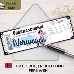 ノルウェー旅行券PDFテンプレート | 休暇のギフトアイデア | 印刷可能なバウチャー | デジタルダウンロード | すぐに使えるPDFファイル
