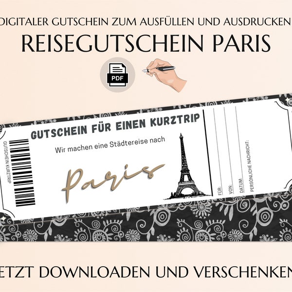 Gutschein Kurztrip Paris | Vorlage zum Ausdrucken | PDF Download | Geburtstag Geschenk | Personalisiert | Städtereise Städtetrip JSK018