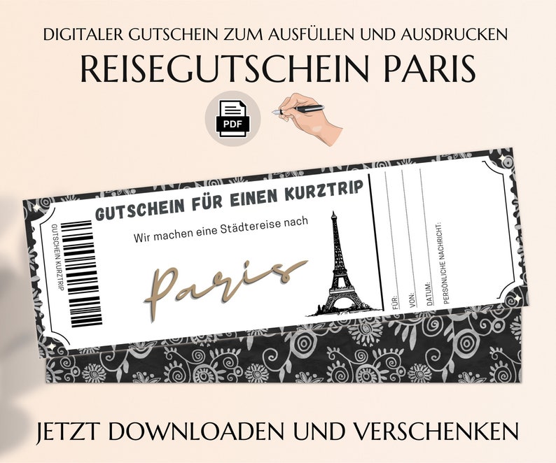 Gutschein Kurztrip Paris Vorlage zum Ausdrucken PDF Download Geburtstag Geschenk Personalisiert Städtereise Städtetrip JSK018 zdjęcie 1