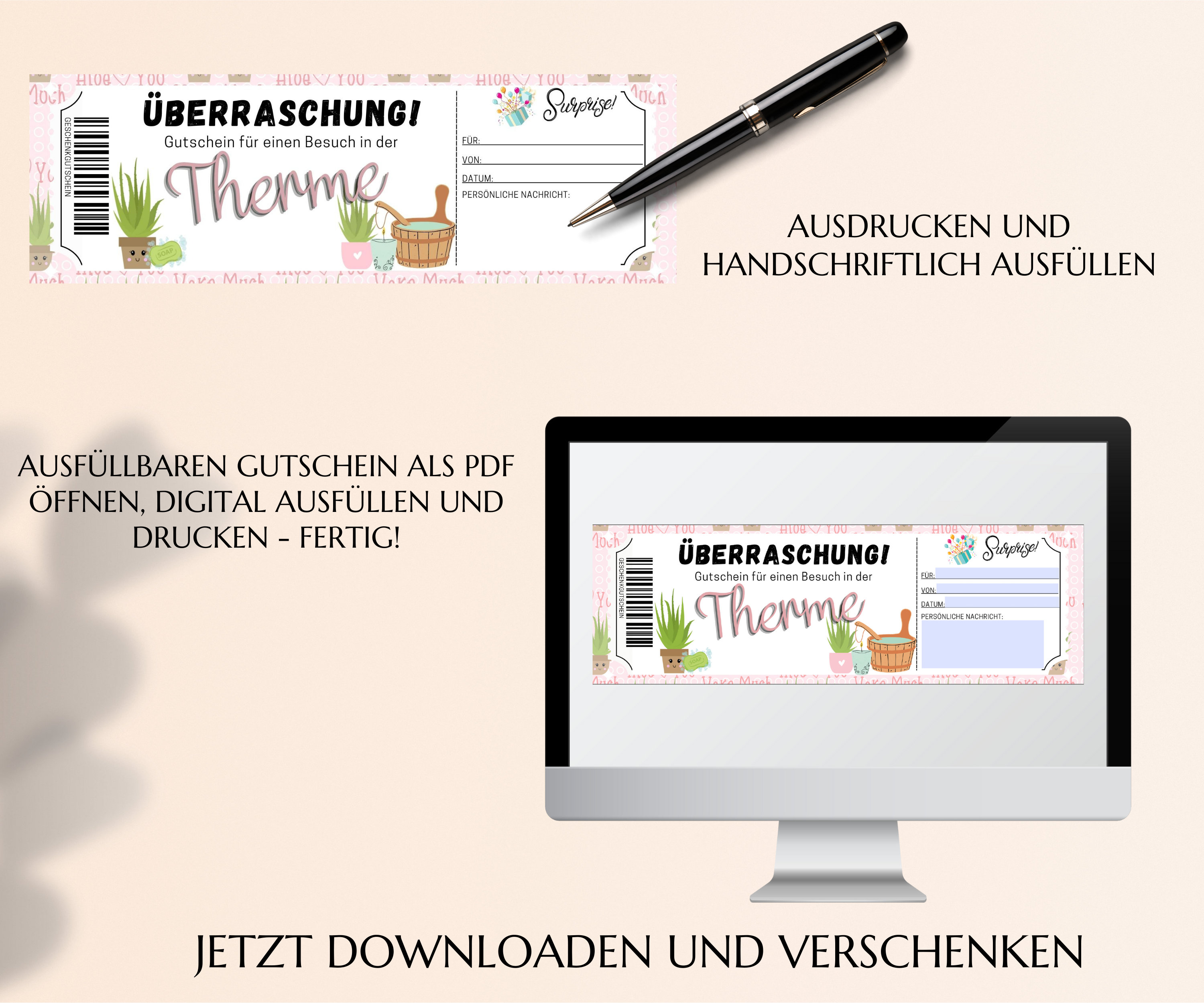 Therme Gutschein Vorlage zum Ausdrucken Wellness Geschenkgutschein